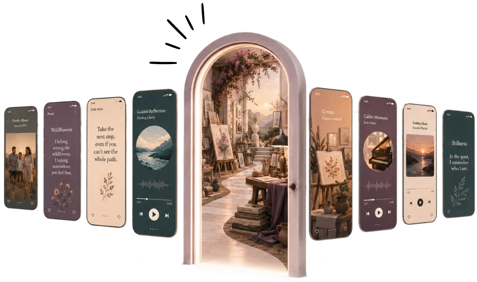 An open doorway onto a lit studio, with phone screens fanned out on either side showing a photo album, a poem, a daily note and audio players.